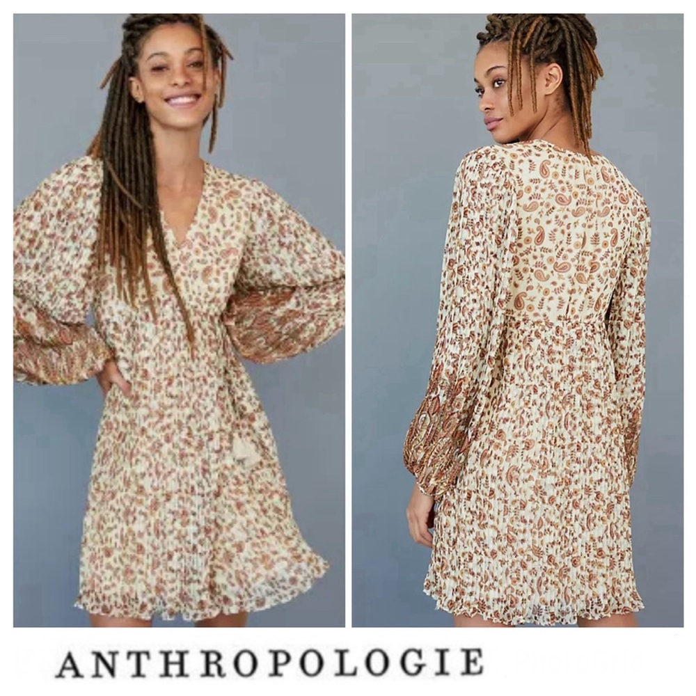ANTHROPOLOGIE Shyla Wrapped Pleated Paisley Balloon Sleeve Mini Dress Sz M NWT